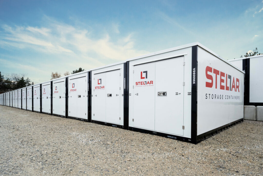 Row of Stellar storage containers outdoors.