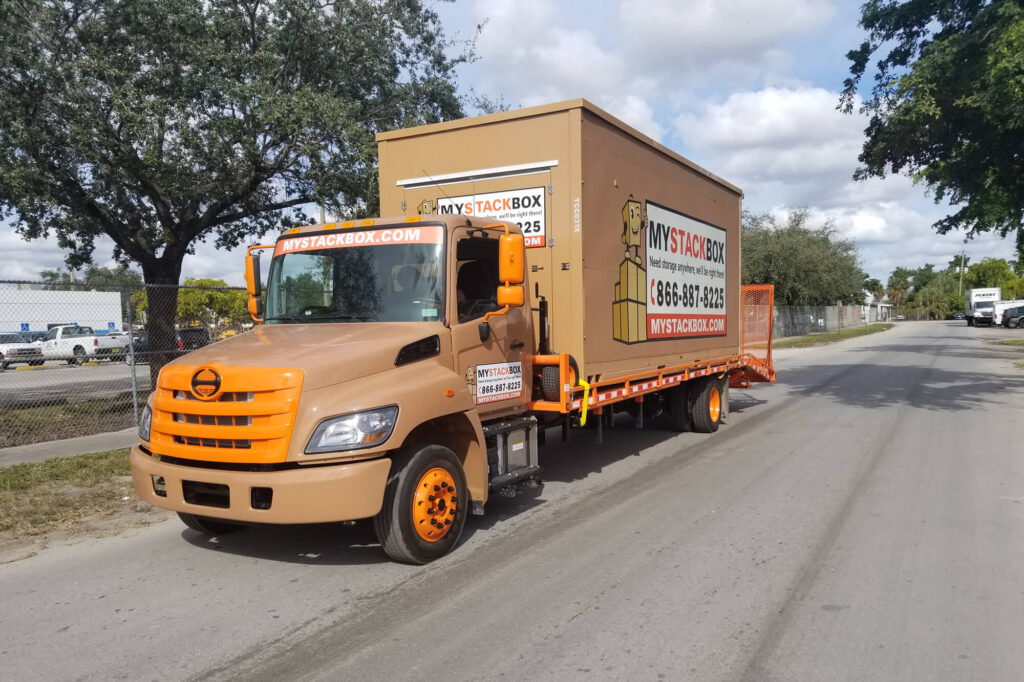 Truck with storage box on suburban road