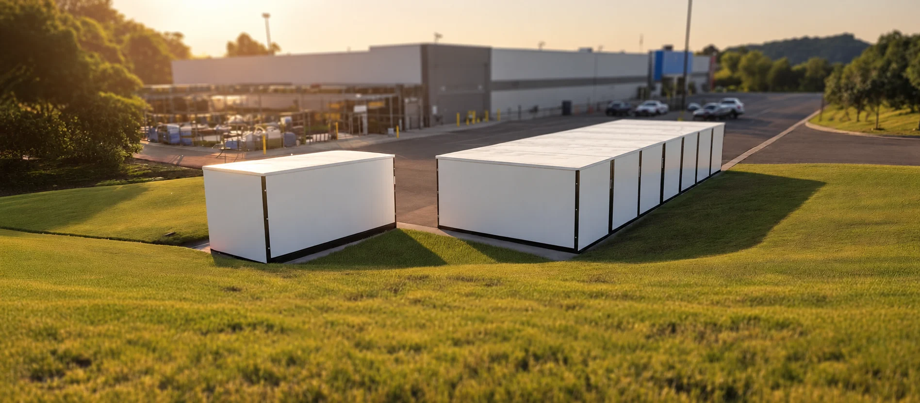 Storage containers beside a retail facility at sunset