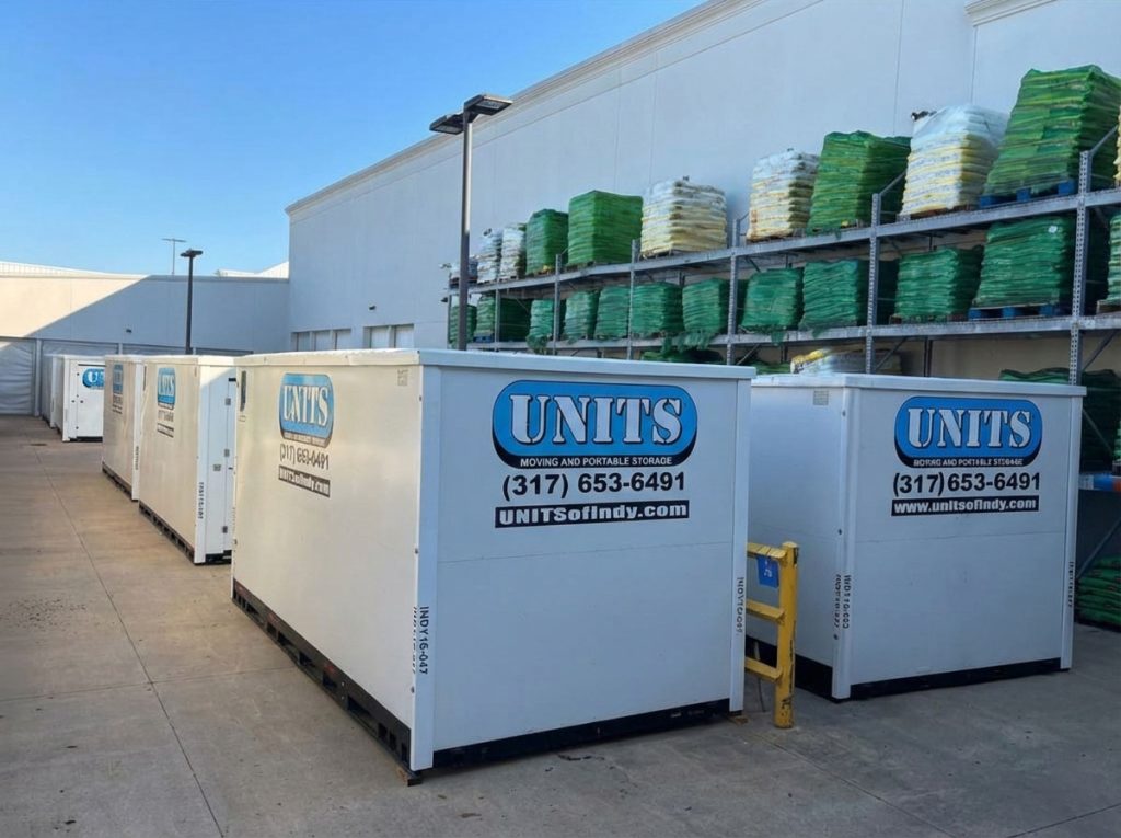 Aerial view of Stellar Container Rentals containers being transported and installed at commercial warehouse facility